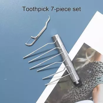 Stainless Steel Toothpick Set Portable Toothpick Holder Care Metal Dental Cleaning Tools Seven Pieces Set серебряный