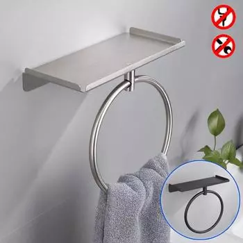 Stainless Steel Towel Ring with Shelf Adhesive Brushed Black Wall Mounted Kitchen Bathroom Round Towel Holder Storage Rack Hang