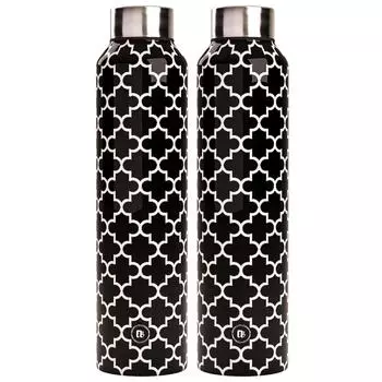 Stainless Steel Water Bottle 1 Litre Pack of 2 Leakproof Office Fridge Gym Dance Travel School Home Refrigerator (1L, Smooth Black Moroccan)