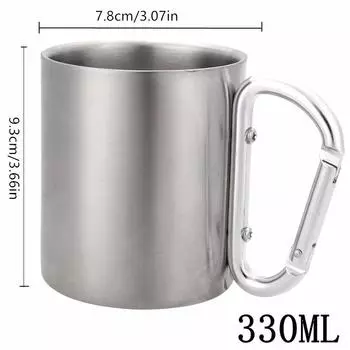 Стакан 330 мл из нержавеющей стали для путешествий, воды, чая, кофе, кружка с самоблокирующимся карабином и ручкой для кемпинга, пешего туризма, скалолазания на открытом воздухе about 330ml