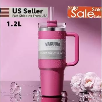 Стакан 40 унций с ручкой и соломинкой - кружка для путешествий из нержавеющей стали с вакуумной изоляцией