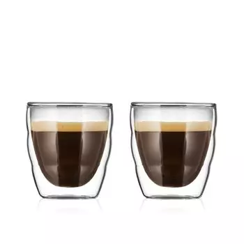 Стакан BODUM Glass PILATUS с двойными стенками, 80 мл, набор из 2 стаканов, сохраняющих тепло и холод, двойная структура, термостойкое стекло, безопасно для использования в микроволновой печи и духовке