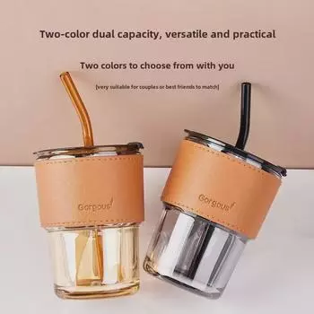 Стакан для воды из бамбукового стекла с крышкой и трубочкой — портативный, стильный и идеальный для студентов 401-500mL янтарь