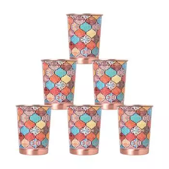 Стакан для воды объемом 250 мл с медным печатным рисунком и защитой от ржавчины для использования дома и в офисе. Набор из 6 стаканов для занятий аюрведой и йогой. Польза для здоровья (шестиугольник)