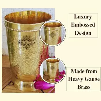 Стакан из чистой латуни с рельефным рисунком, для питья и сервировки воды, йоги и аюрведы, объем 300 мл, 1 шт.