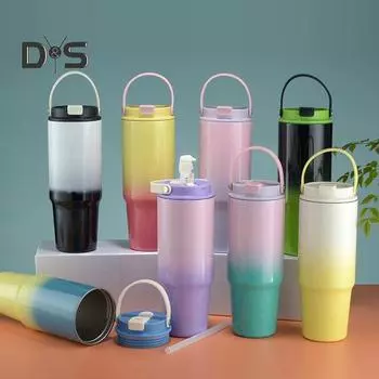Стакан из нержавеющей стали на 30 унций с ручкой, соломенной крышкой, изолированная дорожная кружка, герметичная чашка для воды для домашнего офиса, тренажерного зала, дорожная бутылка для смузи для взрослых A