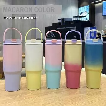 Стакан из нержавеющей стали на 30 унций с соломинкой, бутылка для воды с вакуумной изоляцией для дома, офиса или автомобиля, многоразовая чашка с соломинкой, устойчивая к утечке 30oz белый