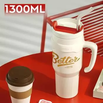 Стакан из нержавеющей стали с соломинкой и ручкой, термобутылка для хранения горячей и холодной воды, уличная портативная кофейная кружка большой емкости 1300 мл 1300ML