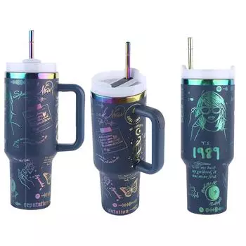 Стакан из нержавеющей стали с вакуумной изоляцией, 40 унций, холодная горячая кружка с соломенной кофейной чашкой для автомобиля для спорта на открытом воздухе 40oz озеро синий