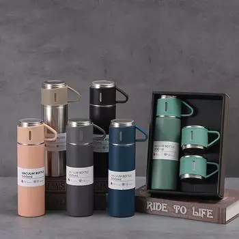 Стакан из стали 304 с вакуумной изоляцией и 2 дополнительными крышками, портативная бутылка для воды для занятий спортом на открытом воздухе, для домашнего офиса и школы, сохраняет холодную воду 500ml чёрный