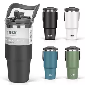 Стакан TYESO с 1050 мл кофе вода термочайник с вакуумом двойной ширины большой прямой нет дома черный соломинка, бутылка, термос, изоляция, ручка, чёрный