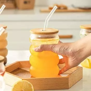 Стаканы для питья 300 мл/450 мл, термостойкое стекло с крышками, соломинки, кисть, волнистый дизайн, чашки для воды для пива, кофе, коктейлей, многоцелевые 300ML