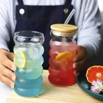 Стаканы для питья 300 мл/450 мл, термостойкое стекло с крышками, соломинки, кисть, волнистый дизайн, чашки для воды для пива, коктейли с кофе со льдом 300ML