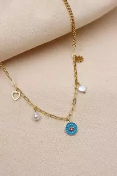 Стальное ожерелье золотого цвета с подвеской в виде голубого живота и глаз