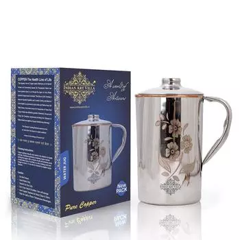 Стальной медный кувшин с цветочным дизайном, крышкой, водой для хранения и подачи, полезный для здоровья, объем - 1500 мл