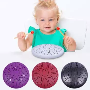 Стальной язычковый барабан 6 дюймов 11 тонов Эфирный дождевой барабанный инструмент для медитации йоги исцеления звуком хэндпан сталь с молоточками для начинающих перкуссионная рука чёрный