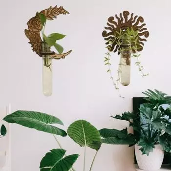 Станция для размножения растений, настенный держатель для черенков растений, деревянная подставка в форме солнца и луны с прозрачной трубкой для гидропоники, декор для домашнего офиса A