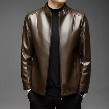 Мужская кожаная куртка с воротником-стойкой, модная, простая, деловая, повседневная, кожаная куртка, мужская, осенне-зимняя, новая кожаная куртка 170