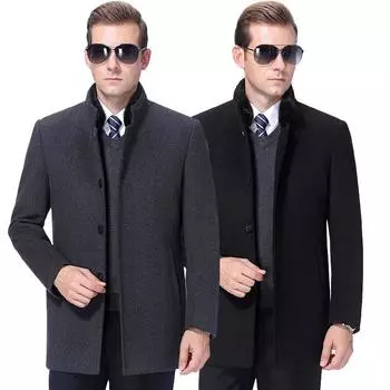 Stand collar mid-length men s woolen woolen coat removable down lining real fur collar coat loose and thick 170
