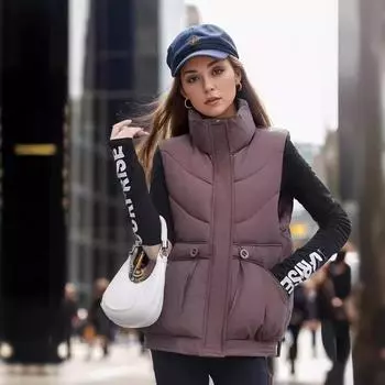 Stand-up collar down cotton vest women s autumn and winter new fashion lightweight vest warm down cotton vest jacket M