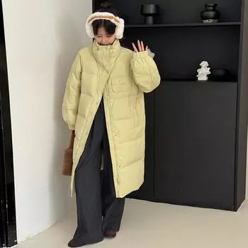 Stand-up collar drawstring long down jacket women s 2024 winter new fashion Korean small sweet knee coat tide S