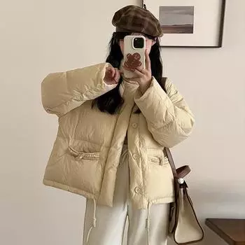 Stand-up collar small white duck down jacket women s short 2024 winter new twist rope thickened bread jacket S