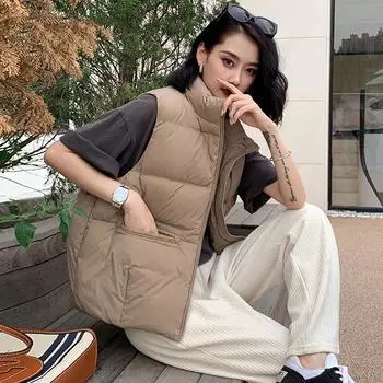 Stand-up collardown vestwomen s outer wearlight and warm design sense of warmthwhite duck down vestlarge mouth vestlarge size tide S хаки
