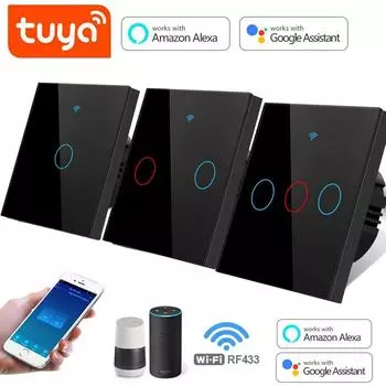 Стандарт ЕС Tuya Smart Life WIFI Настенный переключатель 1/2/3 банды 1 полоса 220 В Стеклянная панель Сенсорный переключатель Голосовое управление Интеллектуальный переключатель работает с Alexa Google Home