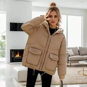 Стандартную хлопчатобумажную одежду можно заменить на женскую короткую утепленную хлопчатобумажную одежду с капюшоном, которая сохранит тепло, а также на модную свободную одежду. M чёрный