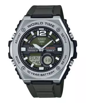 Стандартные аналоговые цифровые кварцевые мужские часы Casio с зеленым циферблатом и полимерным ремешком MWQ-100-3AV 100M зелёный