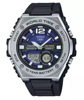 Стандартные аналоговые цифровые кварцевые мужские часы Casio с синим циферблатом и полимерным ремешком MWQ-100-2AV 100M синий