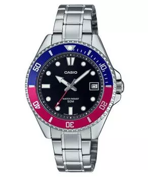 Стандартные аналоговые кварцевые мужские часы Casio Pepsi из нержавеющей стали с черным циферблатом MDV-10D-1A3 чёрный