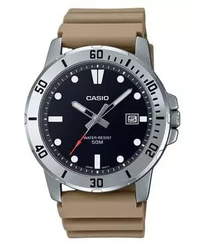 Стандартные аналоговые кварцевые мужские часы Casio с бежевым полимерным ремешком и черным циферблатом MTP-VD01-5E чёрный