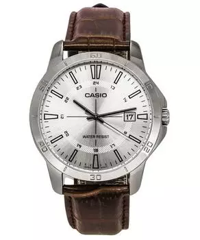 Стандартные аналоговые кварцевые мужские часы Casio с коричневым кожаным ремешком и серебряным циферблатом MTP-V004L-7C серебряный