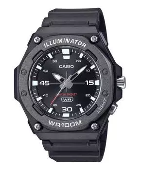 Стандартные аналоговые кварцевые мужские часы Casio с резиновым ремешком и черным циферблатом MW-620H-1AV 100M чёрный