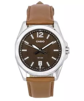 Стандартные аналоговые кварцевые мужские часы Casio с кожаным ремешком и коричневым циферблатом MTP-E725L-5A