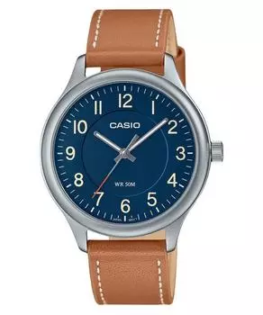 Стандартные аналоговые кварцевые мужские часы Casio с кожаным ремешком и синим циферблатом MTP-B160L-2B