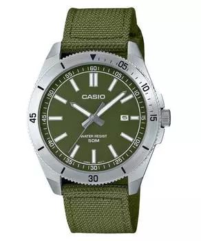 Стандартные аналоговые тканевые часы Casio с зеленым циферблатом, кварцевые мужские часы MTP-B155C-3E