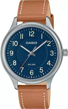 Стандартные кварцевые часы CASIO с синим циферблатом и коричневым кожаным ремешком, модель Overseas [Casio] Мужские MTP-B160L-2BV [Товар]