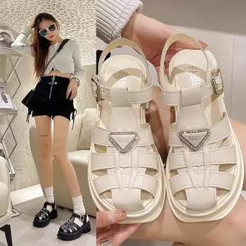 Стандартные римские сандалии с треугольными пайетками на толстой подошве, женские летние тканые туфли с открытым носком 35 абрикосовый