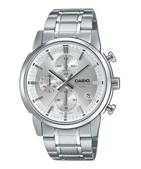 Стандартный аналоговый хронограф Casio, кварцевые мужские часы из нержавеющей стали с серебряным циферблатом MTP-E510D-7AV серебряный