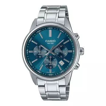 Стандартный аналоговый хронограф Casio, кварцевые мужские часы из нержавеющей стали с синим циферблатом MTP-E515D-2A1V синий