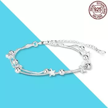 Star and Roud Bead Chain and Link Bracelet 925 Silver Women Fashion Jewelry