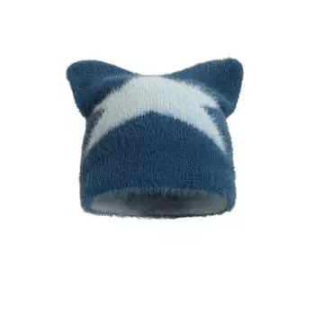Star Cat Ear Woolen Hat Butterfly Brimless Beanie Cap Versatile Knitted Pullover Hat Girls blue-star
