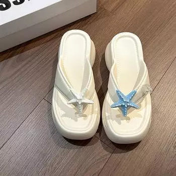 Star flip-flops women wear summer new thick-bottomed sweet heightening muffins and seaside beach cool slippers 36-37