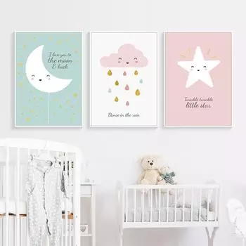 Star Moon cloud children canvas painting posters and prints babychildren sdecoration home wall art Picture for living room 21x30cm No Framed