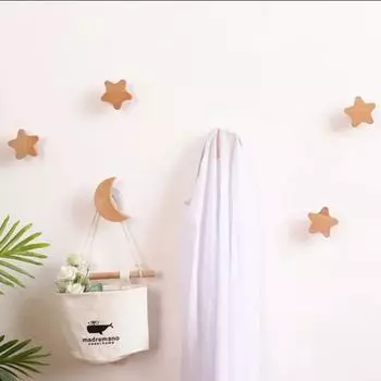 Star Moon Hook Drawer Handle Bedroom Creative Wooden Wall Hook Non Perforated Home Entrance Wall Hat Adhesive Hook звезда