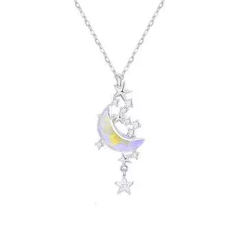 Star Moon Moonstone Titanium Steel Chain Necklace Romantic Pendant Jewelry ADM