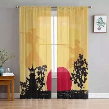 Старая бумага с силуэтом самурая, шифоновые прозрачные шторы для гостиной, спальни, кухни, украшения, оконная вуаль, тюлевая занавеска 135W x 114H(cm)