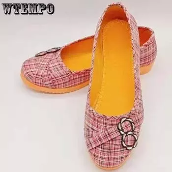 Старая пекинская тканевая обувь. Женская обувь для мам. Однотонная рабочая обувь в клетку. Тонкая обувь. Туфли на плоской подошве. Повседневная и удобная обувь для бабушек. 36 красный